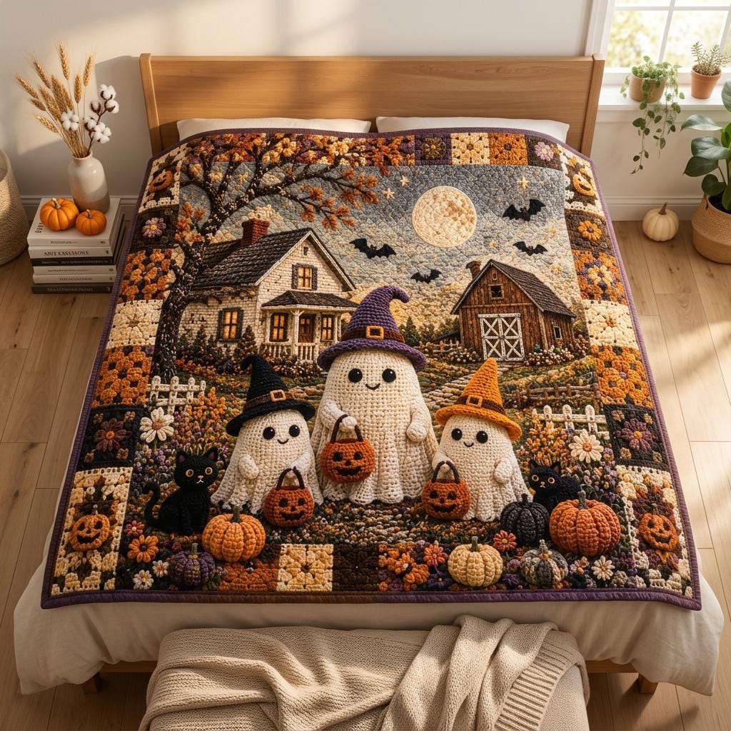 Halloween Quilt Blanket, Faux Crochet Cute Ghost Print Blanket, Spooky Pumpkin Patch Throw, Gothic Autumn Bedding, Haunted House Decor