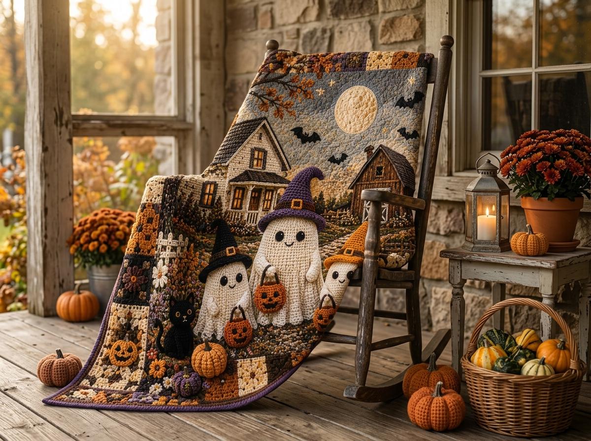 Halloween Quilt Blanket, Faux Crochet Cute Ghost Print Blanket, Spooky Pumpkin Patch Throw, Gothic Autumn Bedding, Haunted House Decor