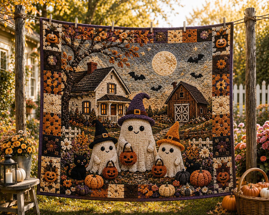 Halloween Quilt Blanket, Faux Crochet Cute Ghost Print Blanket, Spooky Pumpkin Patch Throw, Gothic Autumn Bedding, Haunted House Decor