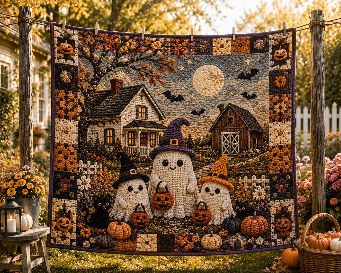 Halloween Quilt Blanket, Faux Crochet Cute Ghost Print Blanket, Spooky Pumpkin Patch Throw, Gothic Autumn Bedding, Haunted House Decor