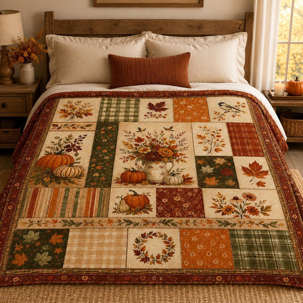 Fall Quilt Blanket, Printed Autumn Patchwork Blanket, Pumpkin Floral Throw Blanket, Farmhouse Fall Decor, Thanksgiving Couch Blanket Gift