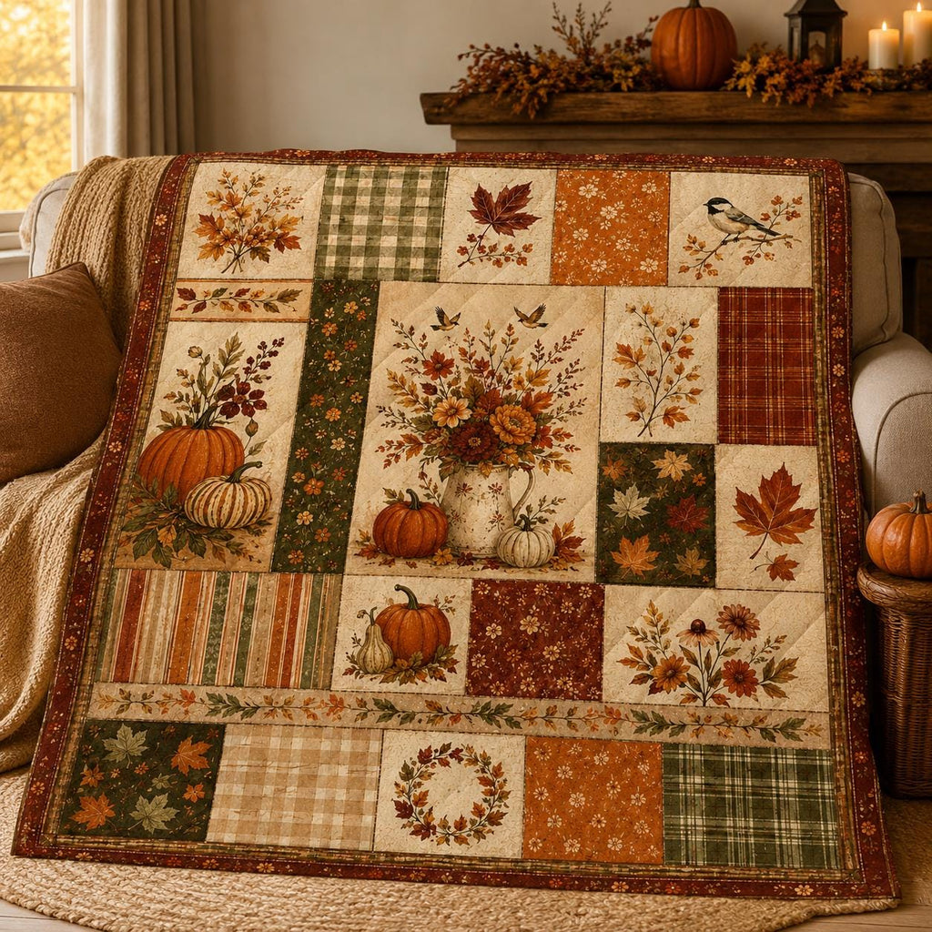 Fall Quilt Blanket, Printed Autumn Patchwork Blanket, Pumpkin Floral Throw Blanket, Farmhouse Fall Decor, Thanksgiving Couch Blanket Gift