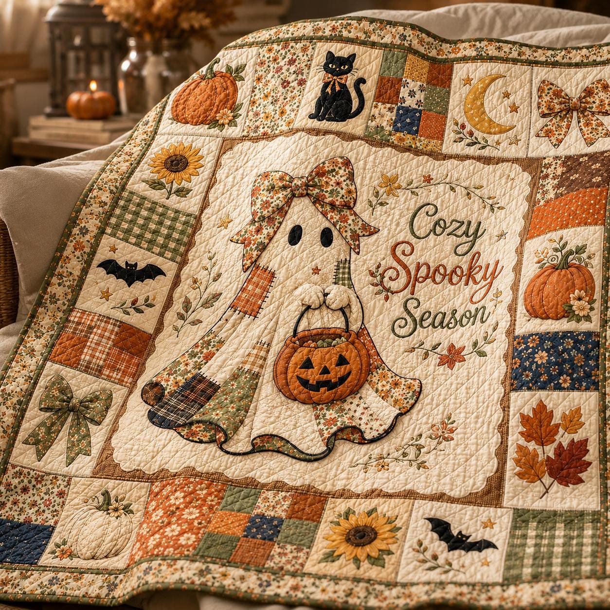 Spooky Season Quilt, Cute Ghost Boo to You Blanket, Pumpkin Moon Halloween Bedding, Cottagecore Fall Throw, Quilted Style Decor Gift