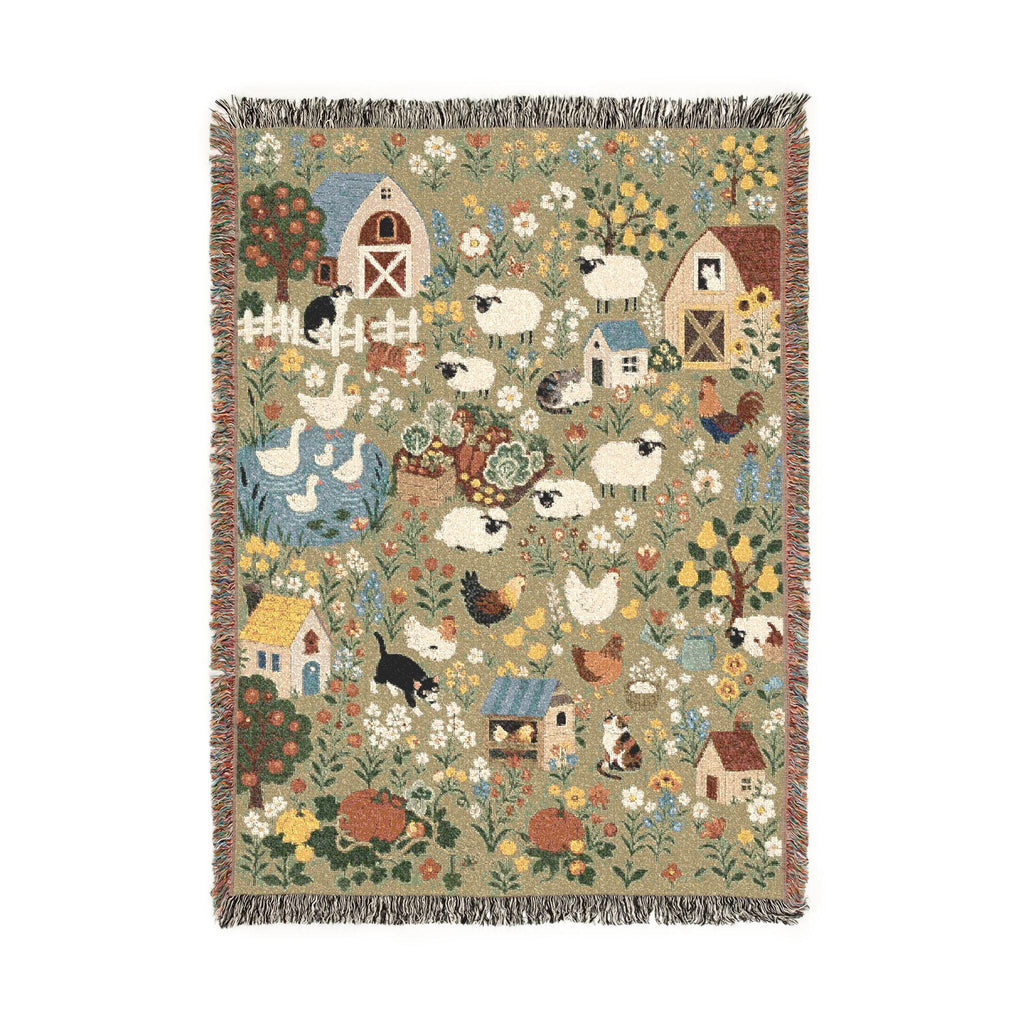Farmhouse Animals Woven Blanket Cottagecore Sheep Barn Throw Rustic Country Farm Cotton Tapestry Blanket Cozy Cottage Decor