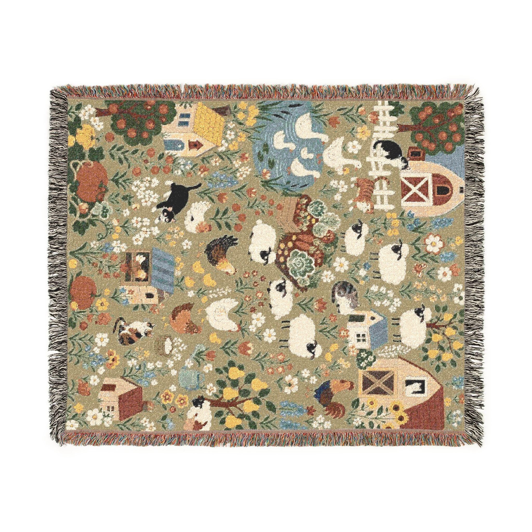 Farmhouse Animals Woven Blanket Cottagecore Sheep Barn Throw Rustic Country Farm Cotton Tapestry Blanket Cozy Cottage Decor