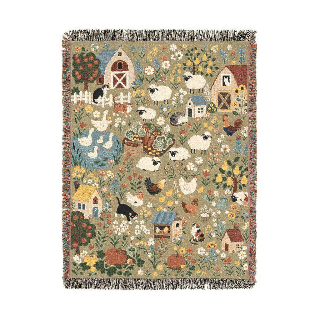 Farmhouse Animals Woven Blanket Cottagecore Sheep Barn Throw Rustic Country Farm Cotton Tapestry Blanket Cozy Cottage Decor