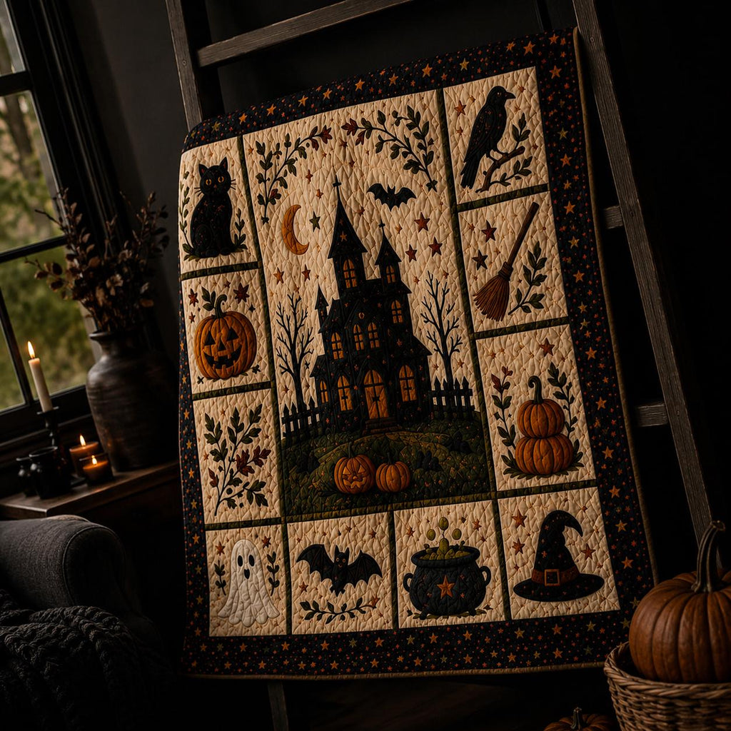 Halloween Patchwork Quilt Set, Pumpkin Ghost Bat Bedding Set, Spooky Fall Quilt Blanket, Halloween Bedroom Decor, Cozy Autumn Bedspread