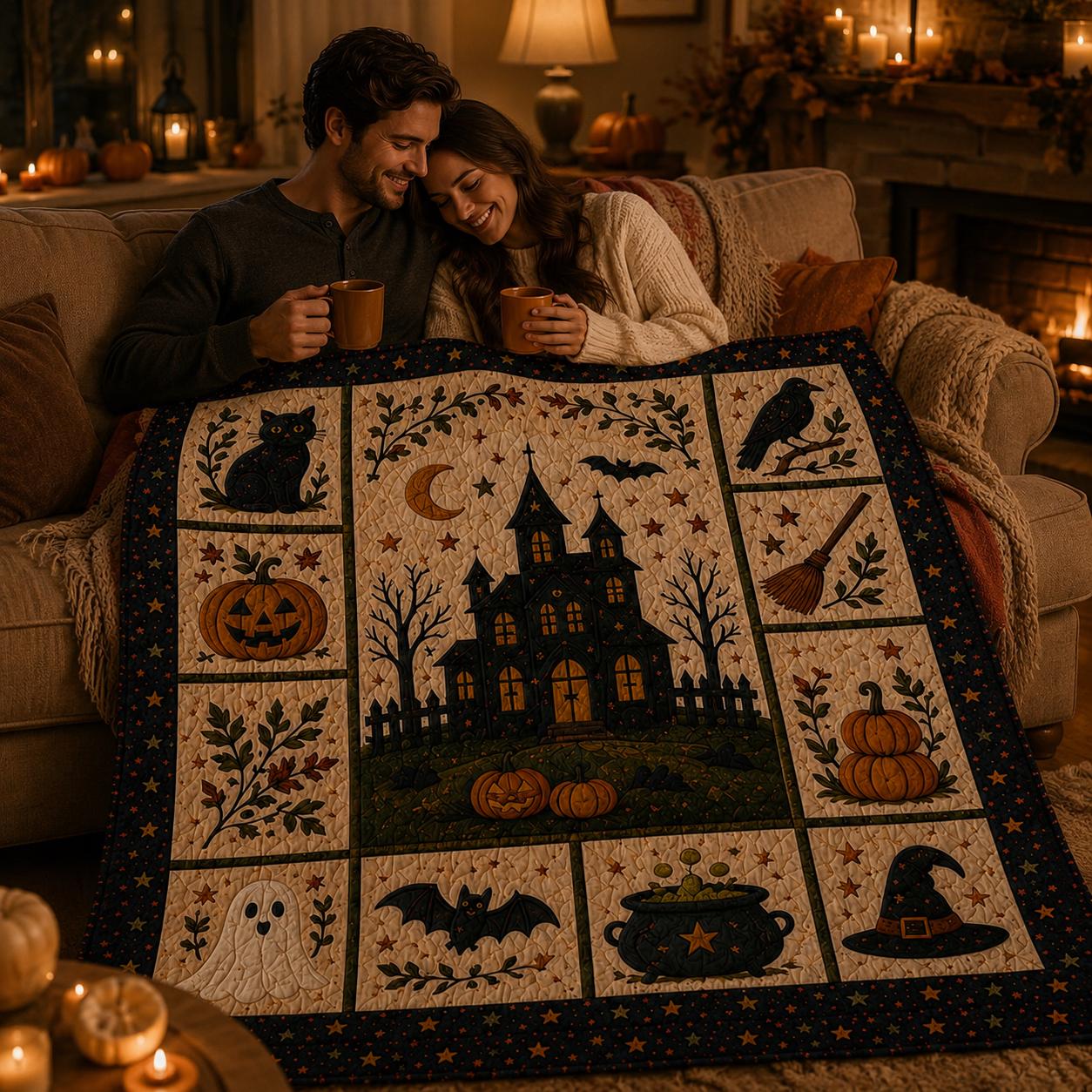 Halloween Patchwork Quilt Set, Pumpkin Ghost Bat Bedding Set, Spooky Fall Quilt Blanket, Halloween Bedroom Decor, Cozy Autumn Bedspread