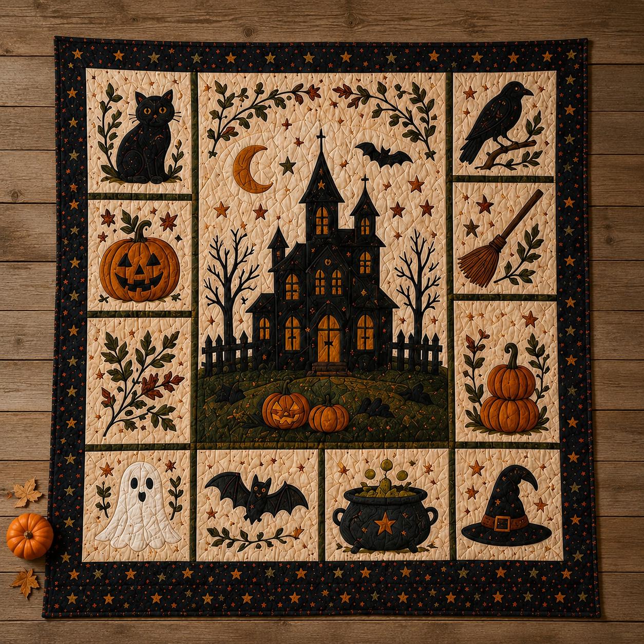 Halloween Patchwork Quilt Set, Pumpkin Ghost Bat Bedding Set, Spooky Fall Quilt Blanket, Halloween Bedroom Decor, Cozy Autumn Bedspread