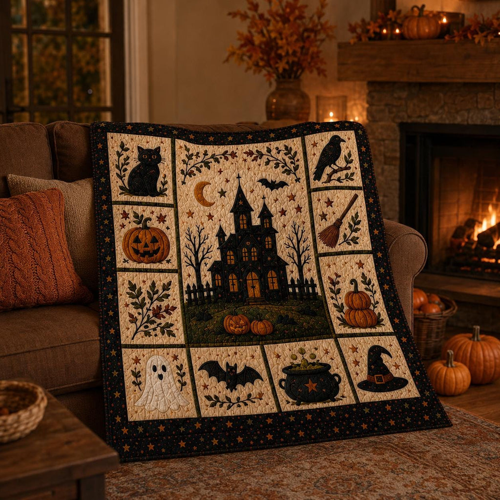 Halloween Patchwork Quilt Set, Pumpkin Ghost Bat Bedding Set, Spooky Fall Quilt Blanket, Halloween Bedroom Decor, Cozy Autumn Bedspread