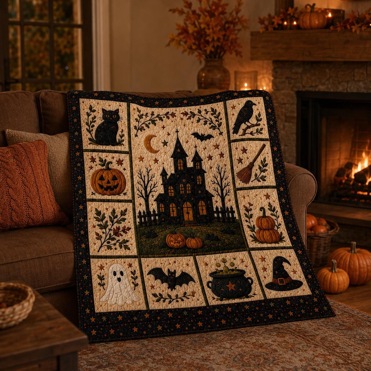 Halloween Patchwork Quilt Set, Pumpkin Ghost Bat Bedding Set, Spooky Fall Quilt Blanket, Halloween Bedroom Decor, Cozy Autumn Bedspread