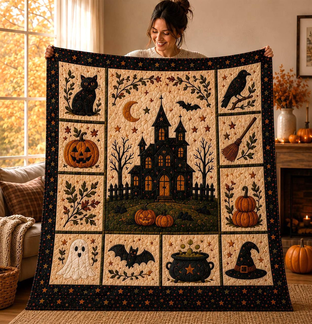 Halloween Patchwork Quilt Set, Pumpkin Ghost Bat Bedding Set, Spooky Fall Quilt Blanket, Halloween Bedroom Decor, Cozy Autumn Bedspread