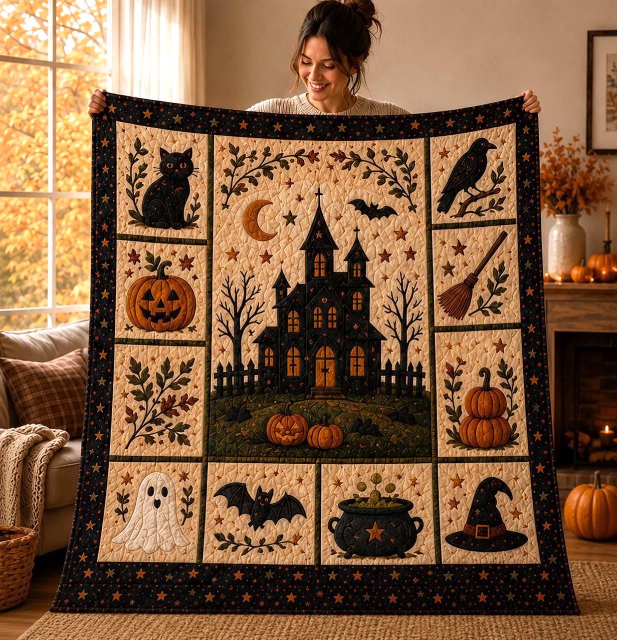 Halloween Patchwork Quilt Set, Pumpkin Ghost Bat Bedding Set, Spooky Fall Quilt Blanket, Halloween Bedroom Decor, Cozy Autumn Bedspread