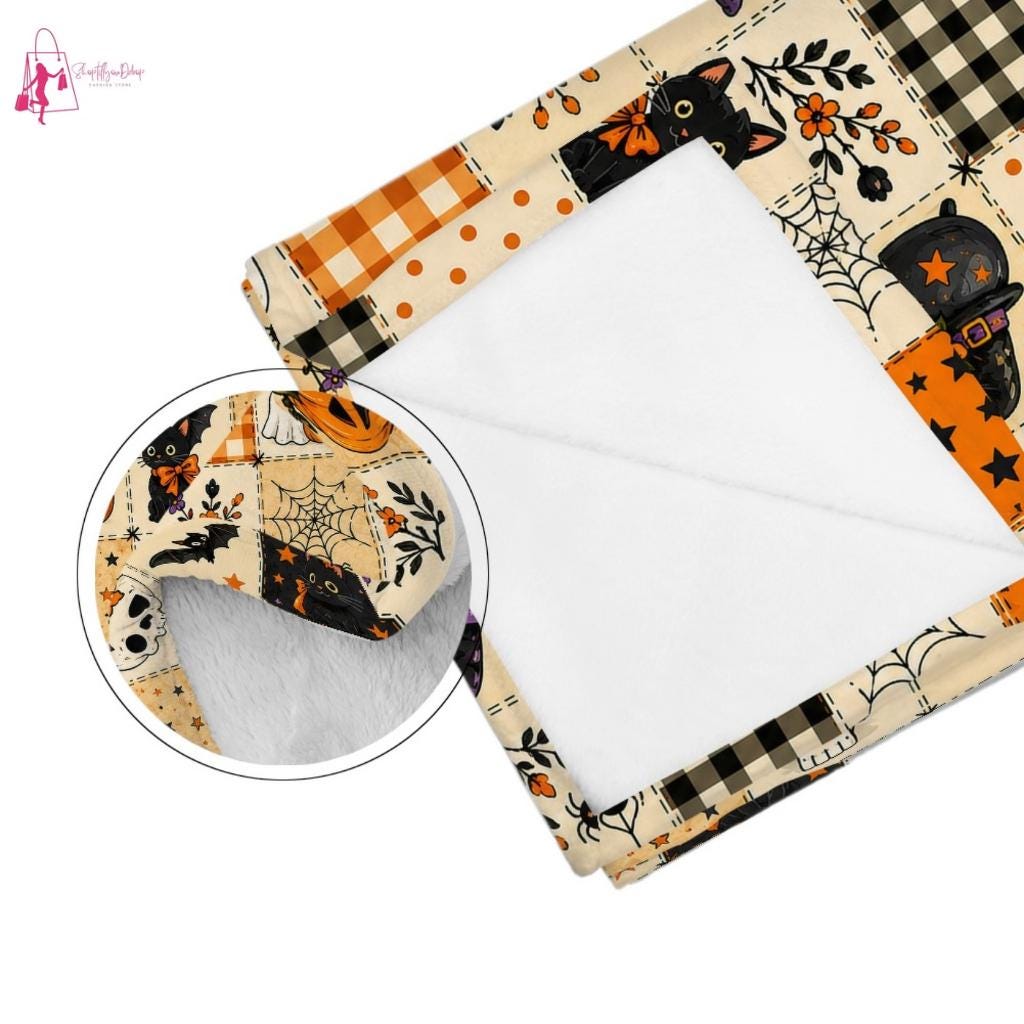 Halloween Ghost Fleece Blanket, Spooky Black Cat Throw Blanket, Pumpkin Patchwork Cozy Blanket, Cute Fall Halloween Home Decor Gift