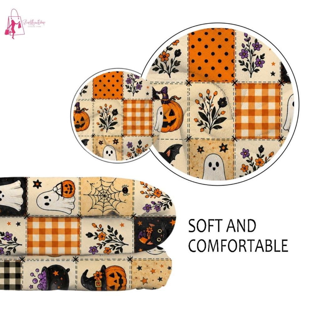 Halloween Ghost Fleece Blanket, Spooky Black Cat Throw Blanket, Pumpkin Patchwork Cozy Blanket, Cute Fall Halloween Home Decor Gift