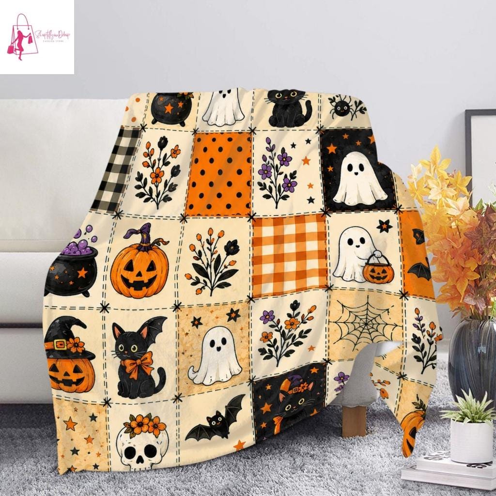 Halloween Ghost Fleece Blanket, Spooky Black Cat Throw Blanket, Pumpkin Patchwork Cozy Blanket, Cute Fall Halloween Home Decor Gift