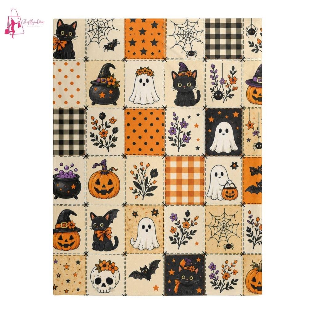 Halloween Ghost Fleece Blanket, Spooky Black Cat Throw Blanket, Pumpkin Patchwork Cozy Blanket, Cute Fall Halloween Home Decor Gift