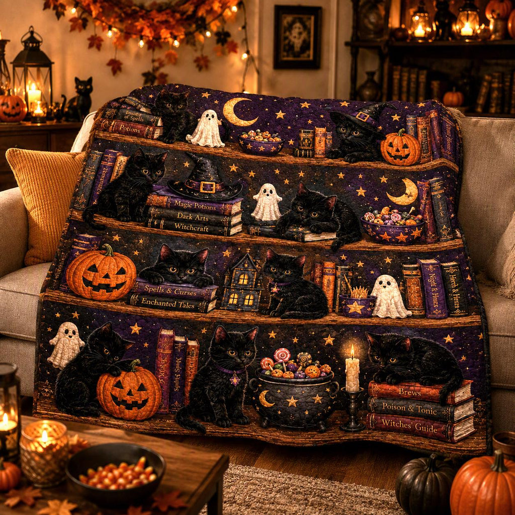 Black Cat Halloween Quilt Blanket, Witchy Library Bookshelf Spooky Season Blanket, Pumpkin Cat Ghost Patchwork Quilt, Fall Cozy Decor