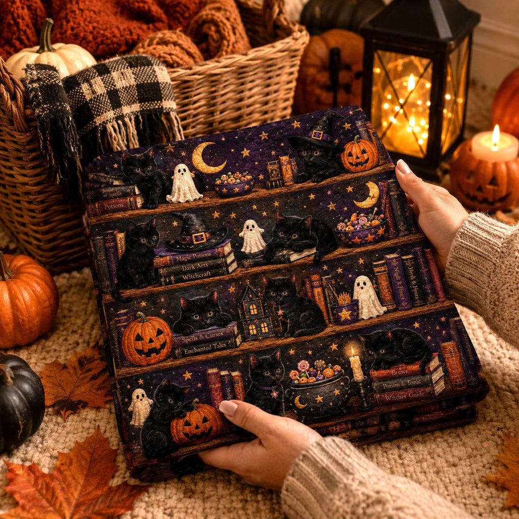 Black Cat Halloween Quilt Blanket, Witchy Library Bookshelf Spooky Season Blanket, Pumpkin Cat Ghost Patchwork Quilt, Fall Cozy Decor