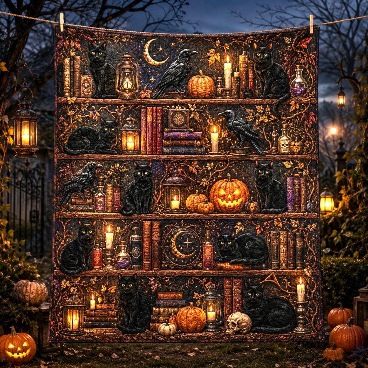 Black Cat Halloween Quilt Blanket, Witchy Library Bookshelf Spooky Season Blanket, Pumpkin Cat Ghost Patchwork Quilt, Fall Cozy Decor
