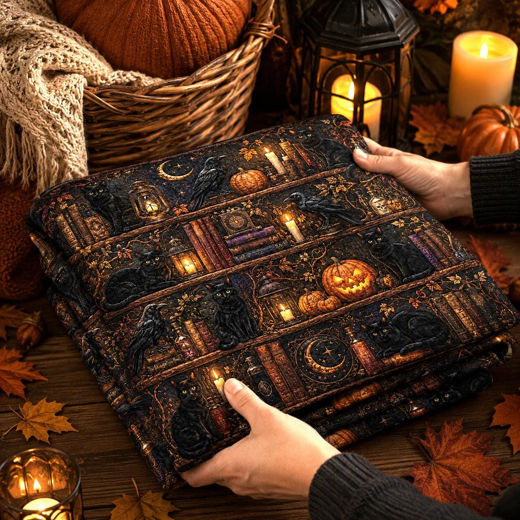 Black Cat Halloween Quilt Blanket, Witchy Library Bookshelf Spooky Season Blanket, Pumpkin Cat Ghost Patchwork Quilt, Fall Cozy Decor