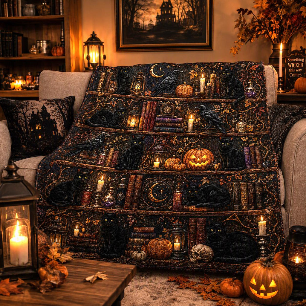 Black Cat Halloween Quilt Blanket, Witchy Library Bookshelf Spooky Season Blanket, Pumpkin Cat Ghost Patchwork Quilt, Fall Cozy Decor