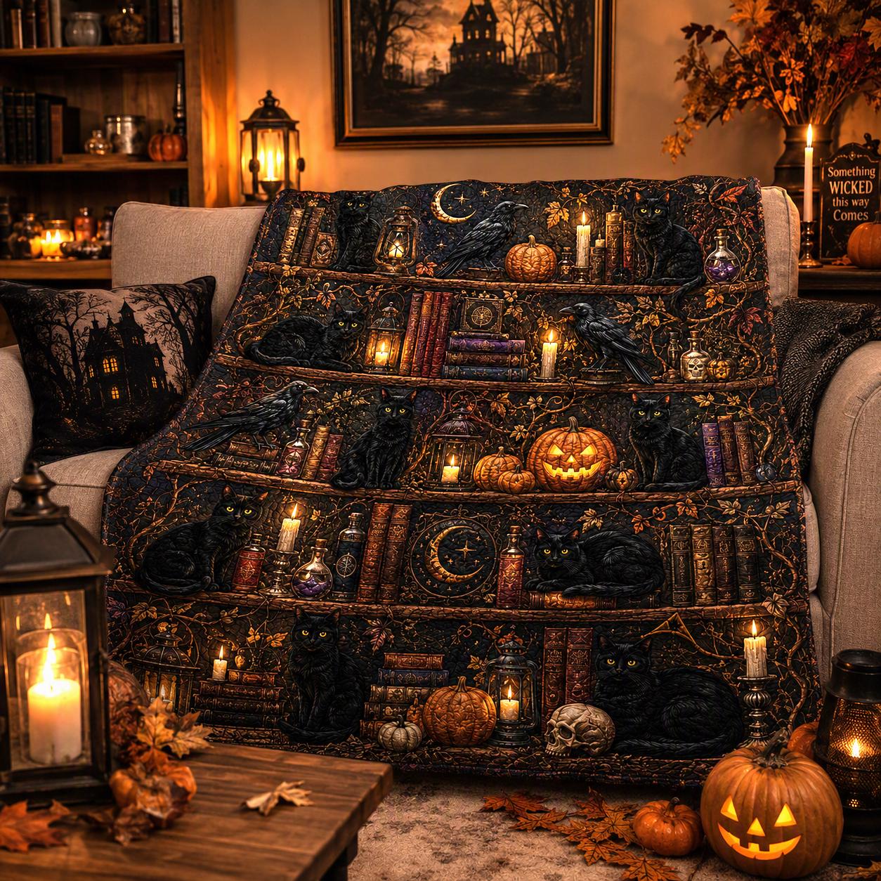 Black Cat Halloween Quilt Blanket, Witchy Library Bookshelf Spooky Season Blanket, Pumpkin Cat Ghost Patchwork Quilt, Fall Cozy Decor