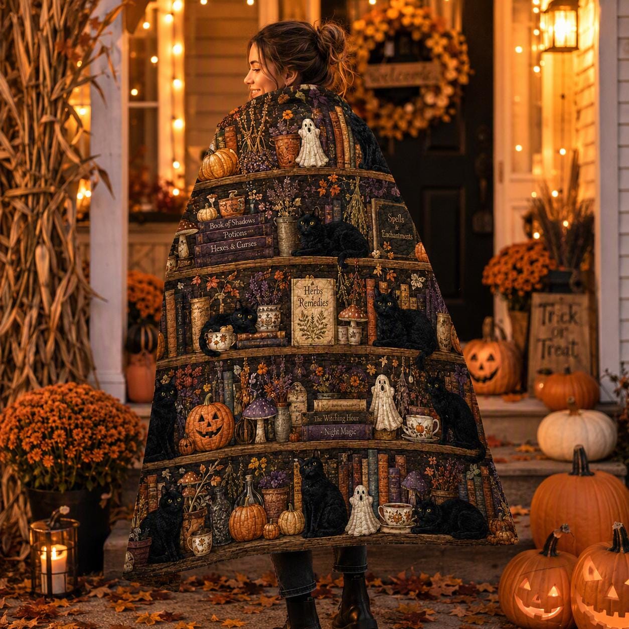 Black Cat Halloween Quilt Blanket, Witchy Library Bookshelf Spooky Season Blanket, Pumpkin Cat Ghost Patchwork Quilt, Fall Cozy Decor