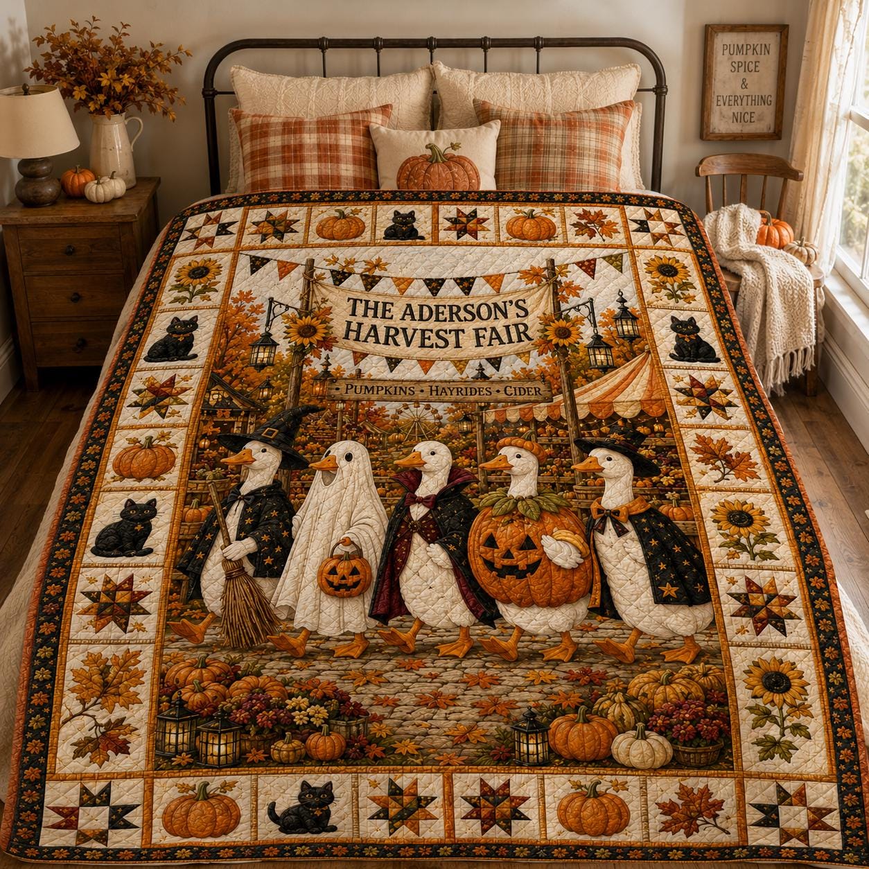 Personalized Fall Harvest Quilt Blanket, Pumpkin Patch Goose Halloween Throw, Black Cat Sunflower Farmhouse Autumn Decor Gift for Bed Sofa