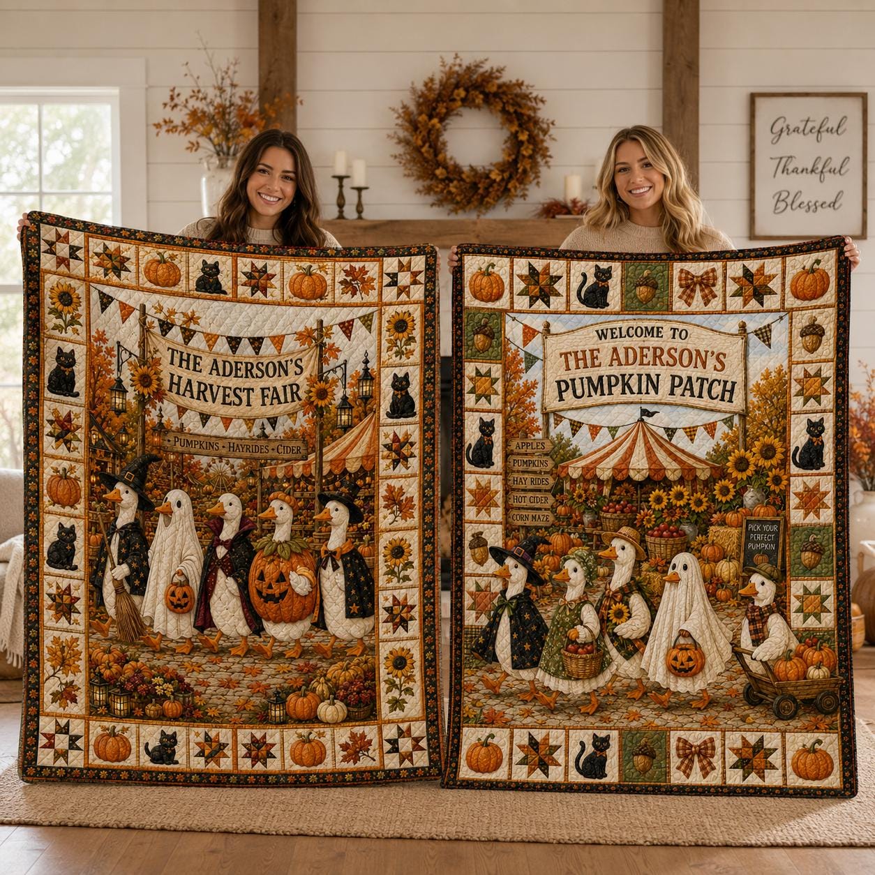 Personalized Fall Harvest Quilt Blanket, Pumpkin Patch Goose Halloween Throw, Black Cat Sunflower Farmhouse Autumn Decor Gift for Bed Sofa