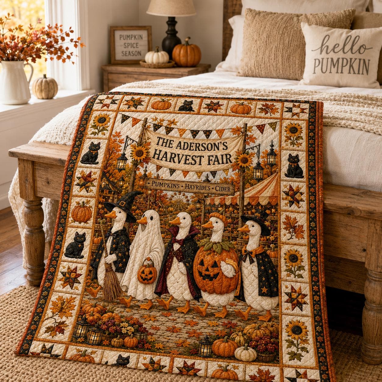 Personalized Fall Harvest Quilt Blanket, Pumpkin Patch Goose Halloween Throw, Black Cat Sunflower Farmhouse Autumn Decor Gift for Bed Sofa