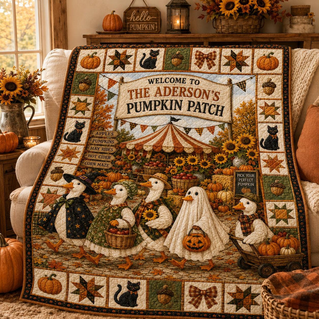 Personalized Fall Harvest Quilt Blanket, Pumpkin Patch Goose Halloween Throw, Black Cat Sunflower Farmhouse Autumn Decor Gift for Bed Sofa