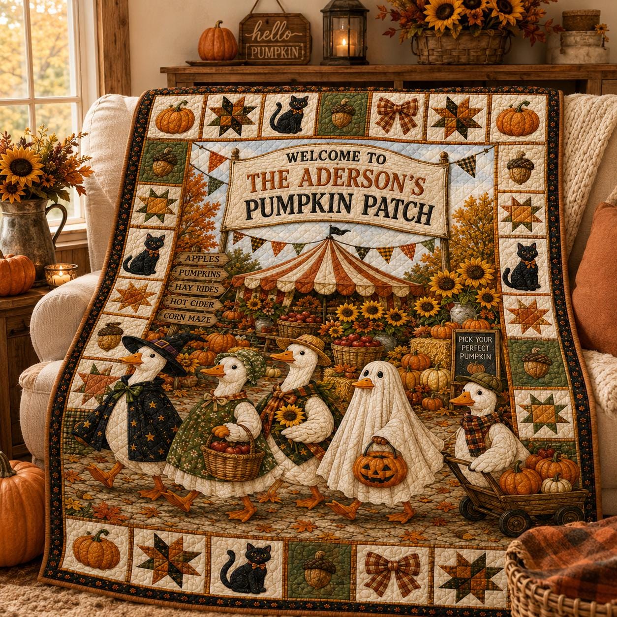 Personalized Fall Harvest Quilt Blanket, Pumpkin Patch Goose Halloween Throw, Black Cat Sunflower Farmhouse Autumn Decor Gift for Bed Sofa