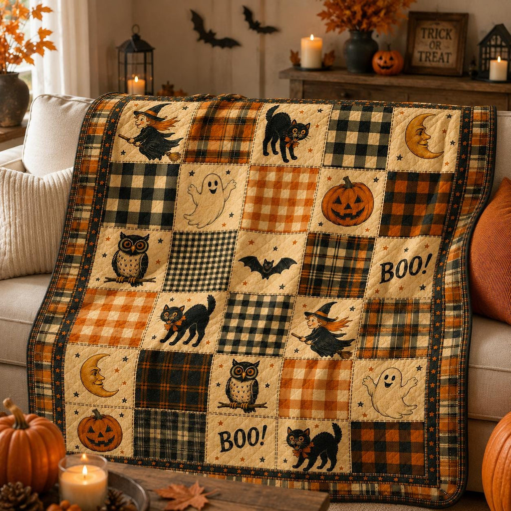 Halloween Patchwork Quilt Blanket, Cute Black Cat Ghost Pumpkin Throw, Witchy Autumn Home Decor, Cozy Fall Sofa Bed Cover Holiday Gift