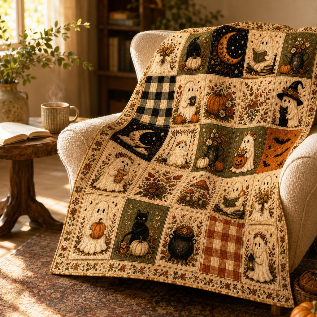 Ghost Blanket Halloween Quilt Blanket, Cute Ghost Throw, Black Cat Bedding, Pumpkin Blanket, Spooky Cozy Fall Decor, Autumn Layering Blanket