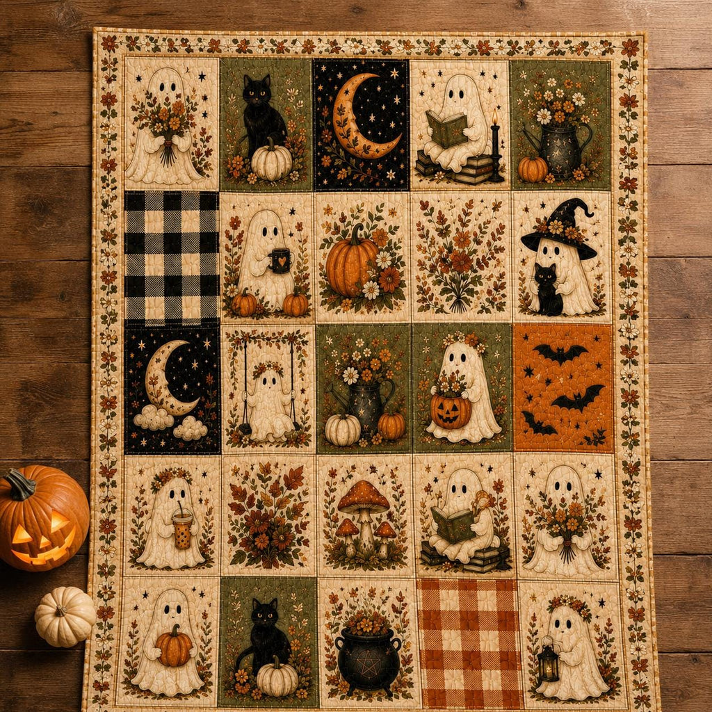 Ghost Blanket Halloween Quilt Blanket, Cute Ghost Throw, Black Cat Bedding, Pumpkin Blanket, Spooky Cozy Fall Decor, Autumn Layering Blanket