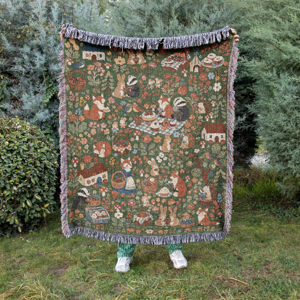 Woodland Picnic Woven Blanket Cottagecore Forest Animal Throw Vintage Storybook Fox Bunny Badger Floral Cotton Tapestry Blanket