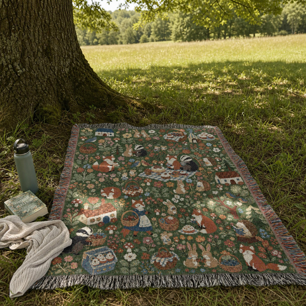 Woodland Picnic Woven Blanket Cottagecore Forest Animal Throw Vintage Storybook Fox Bunny Badger Floral Cotton Tapestry Blanket