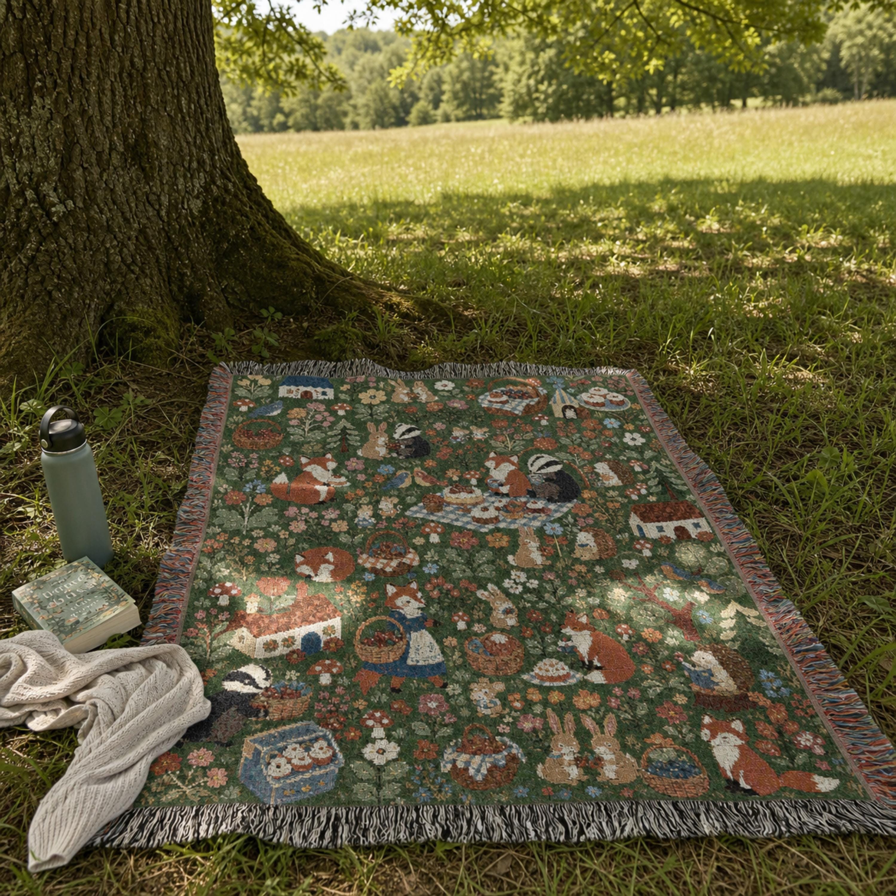 Woodland Picnic Woven Blanket Cottagecore Forest Animal Throw Vintage Storybook Fox Bunny Badger Floral Cotton Tapestry Blanket