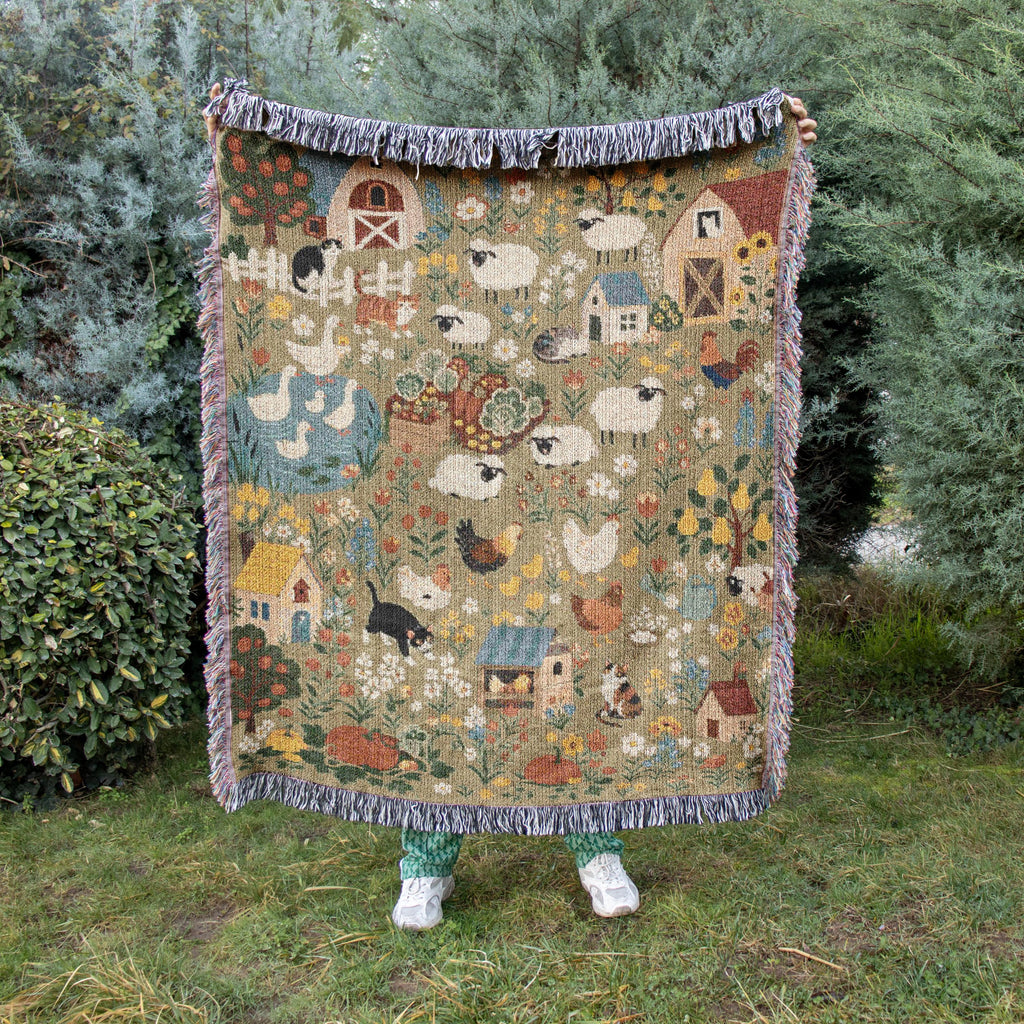 Farmhouse Animals Woven Blanket Cottagecore Sheep Barn Throw Rustic Country Farm Cotton Tapestry Blanket Cozy Cottage Decor