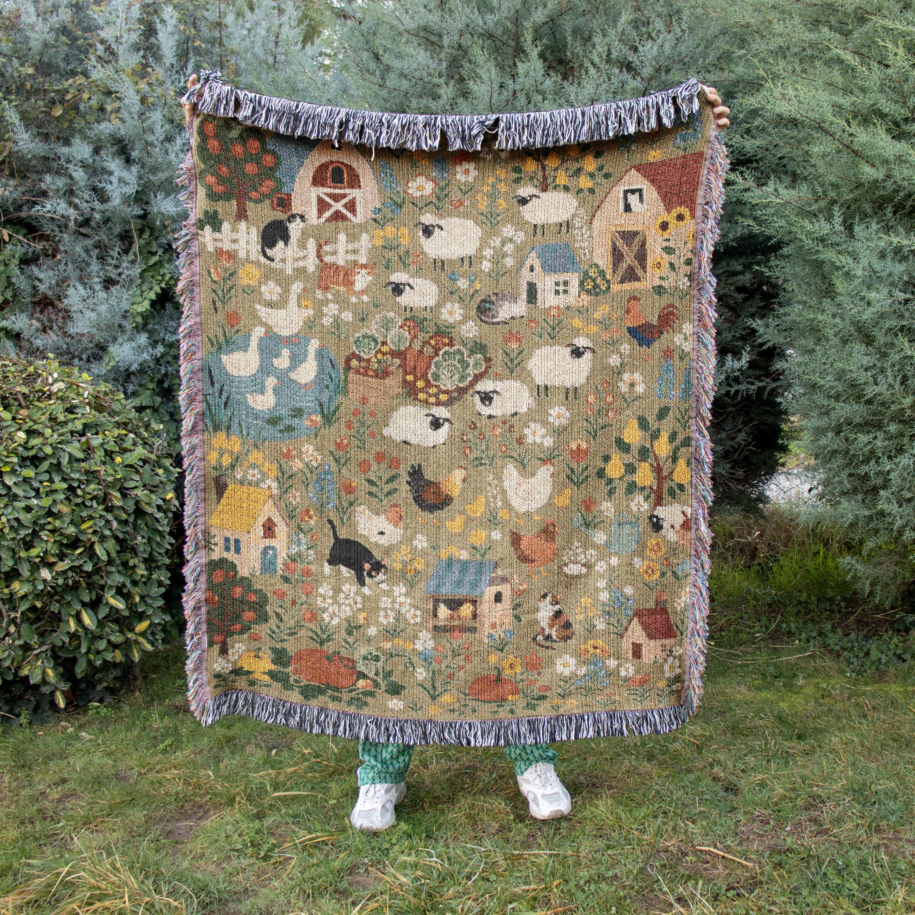 Farmhouse Animals Woven Blanket Cottagecore Sheep Barn Throw Rustic Country Farm Cotton Tapestry Blanket Cozy Cottage Decor