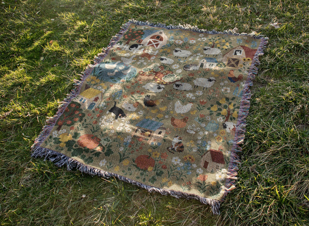 Farmhouse Animals Woven Blanket Cottagecore Sheep Barn Throw Rustic Country Farm Cotton Tapestry Blanket Cozy Cottage Decor