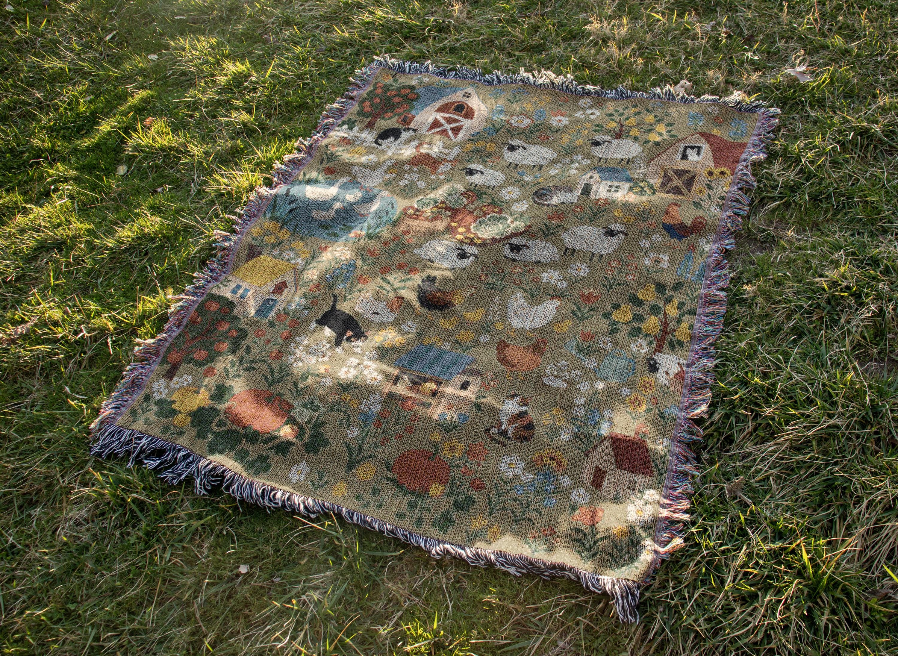 Farmhouse Animals Woven Blanket Cottagecore Sheep Barn Throw Rustic Country Farm Cotton Tapestry Blanket Cozy Cottage Decor