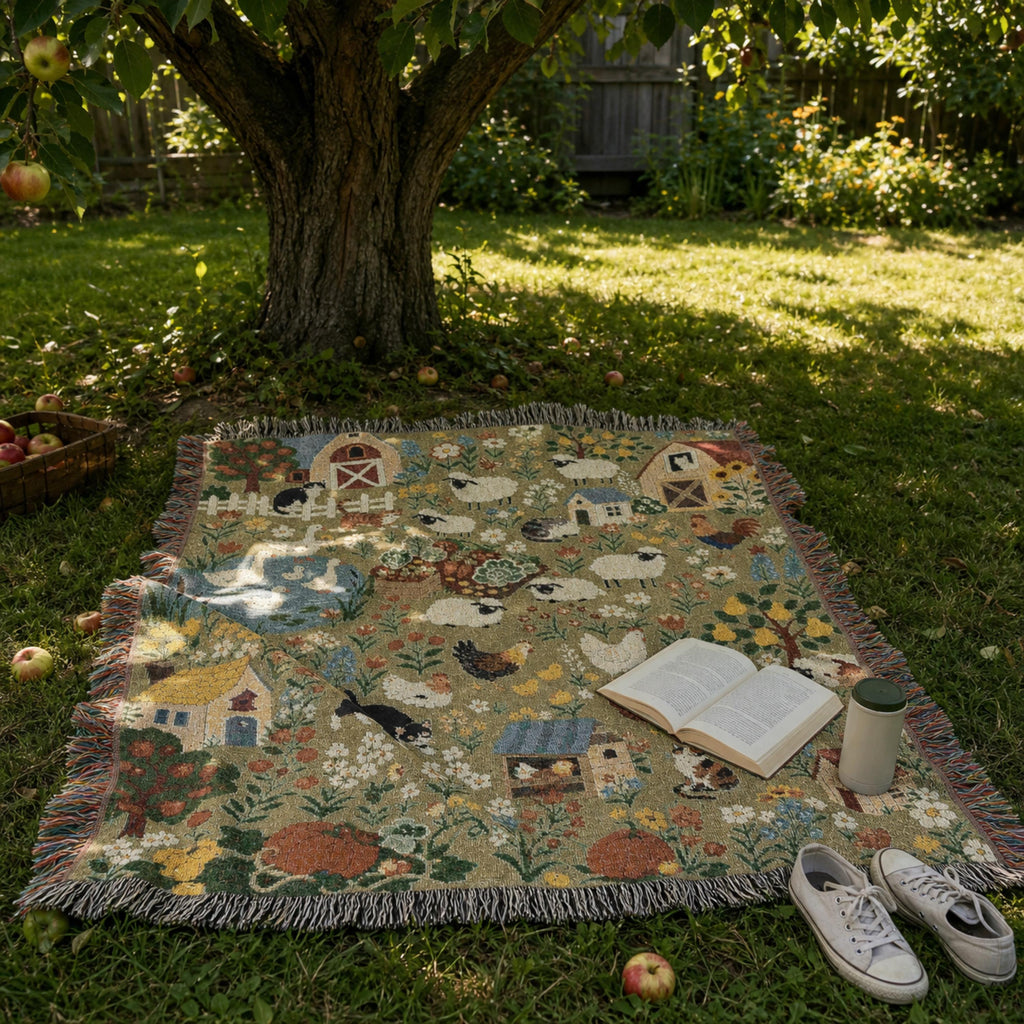Farmhouse Animals Woven Blanket Cottagecore Sheep Barn Throw Rustic Country Farm Cotton Tapestry Blanket Cozy Cottage Decor