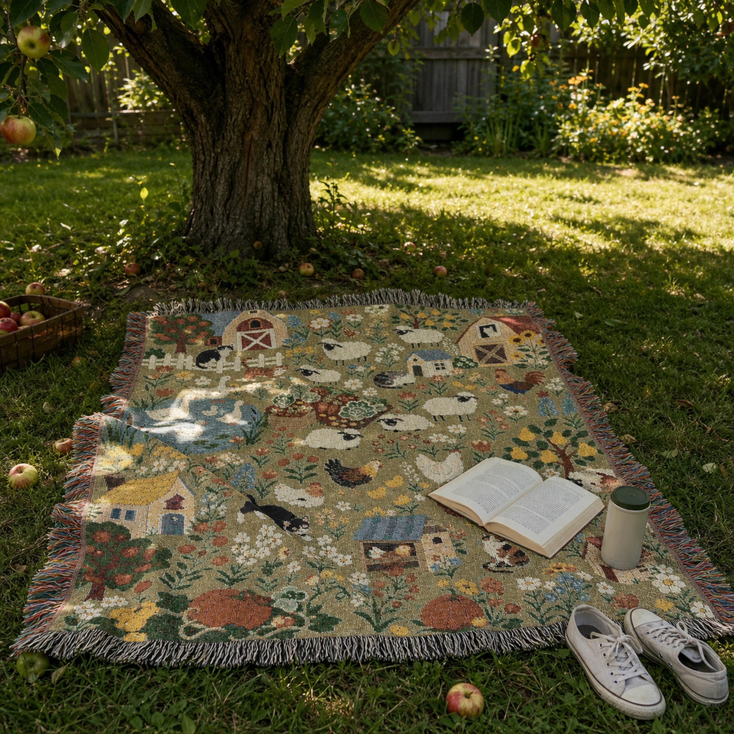Farmhouse Animals Woven Blanket Cottagecore Sheep Barn Throw Rustic Country Farm Cotton Tapestry Blanket Cozy Cottage Decor