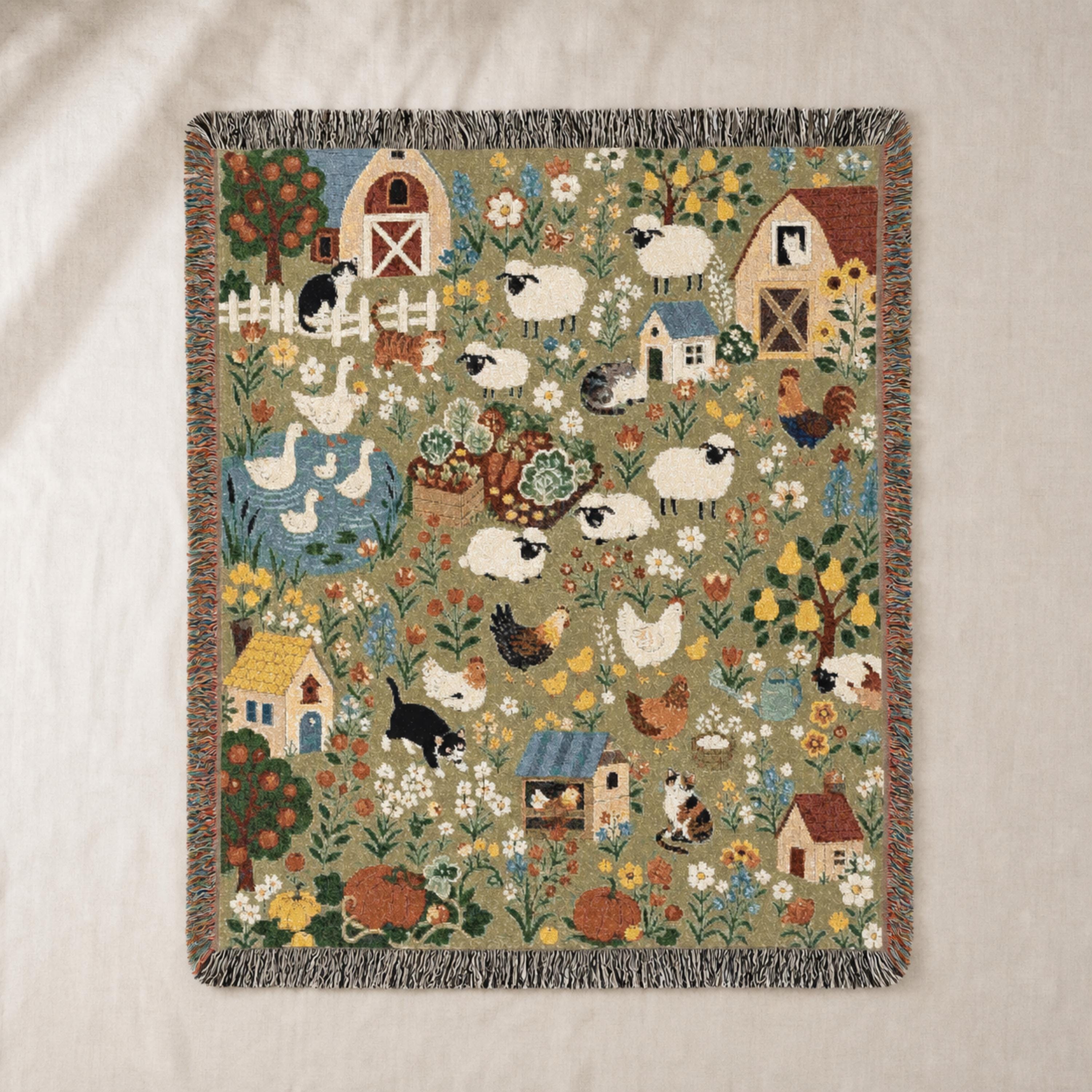 Farmhouse Animals Woven Blanket Cottagecore Sheep Barn Throw Rustic Country Farm Cotton Tapestry Blanket Cozy Cottage Decor