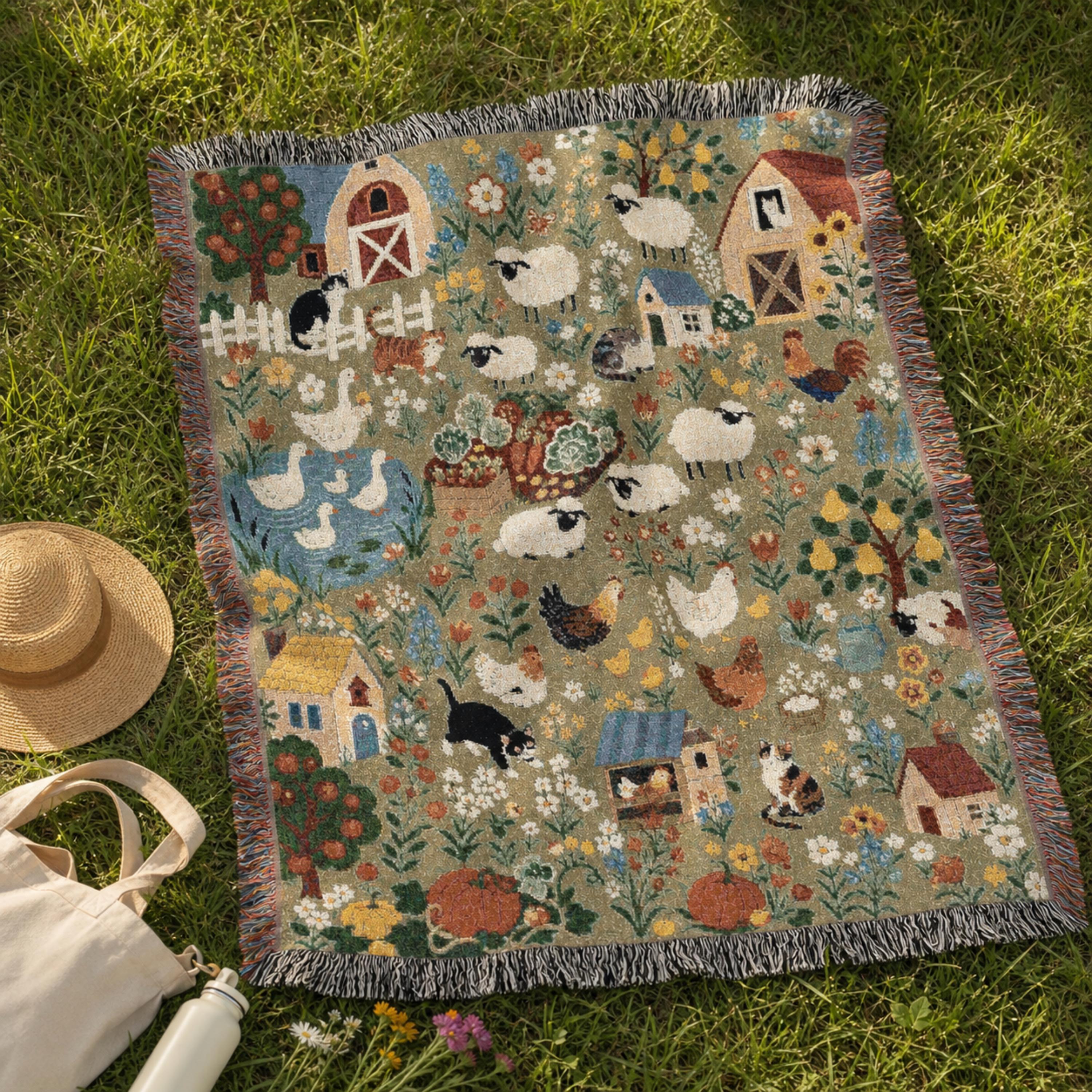 Farmhouse Animals Woven Blanket Cottagecore Sheep Barn Throw Rustic Country Farm Cotton Tapestry Blanket Cozy Cottage Decor