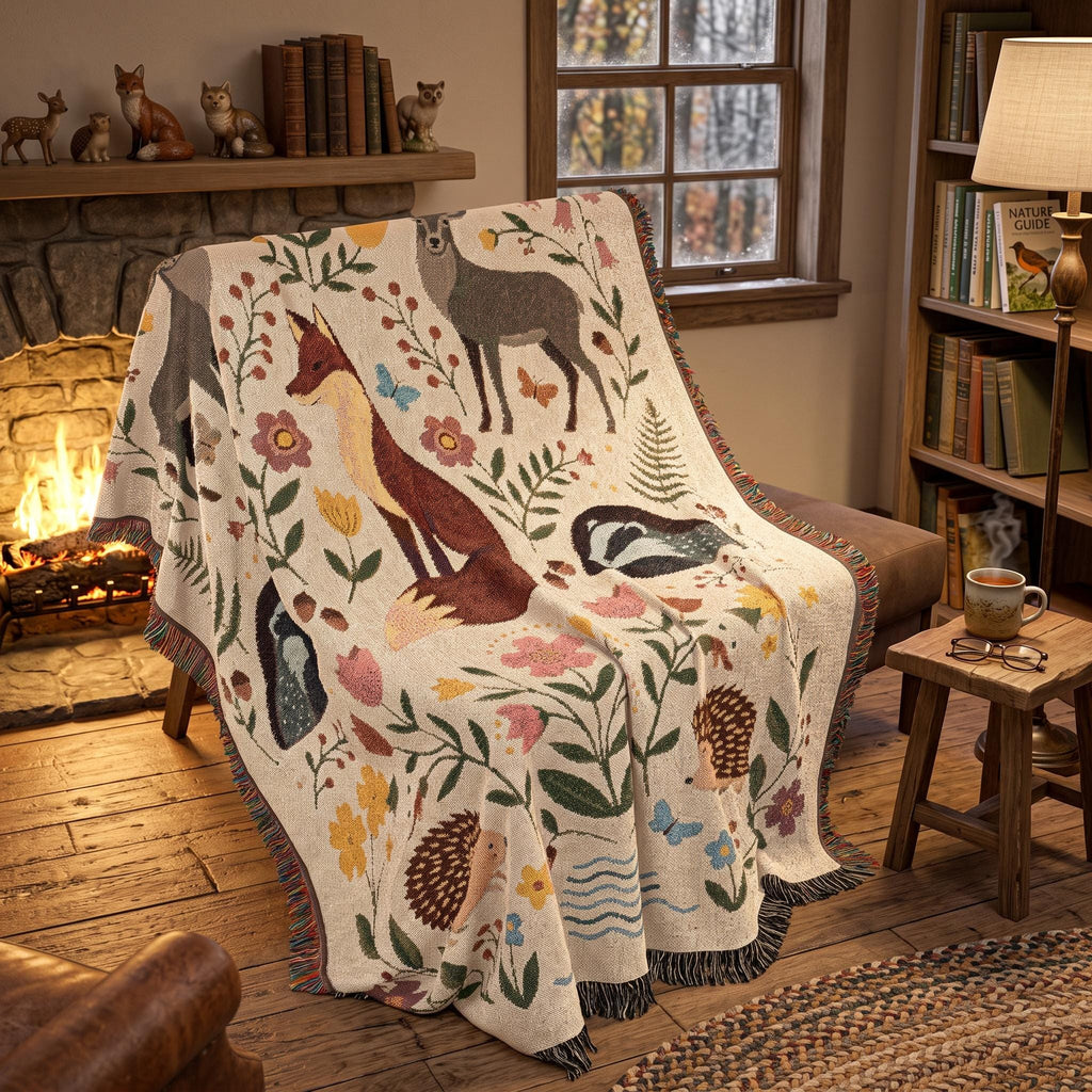 Woodland Animals Woven Blanket, Customizable Cottagecore Fox Throw, Folk Art Deer Badger Hedgehog Blanket, Nature Nursery, Rustic Throw