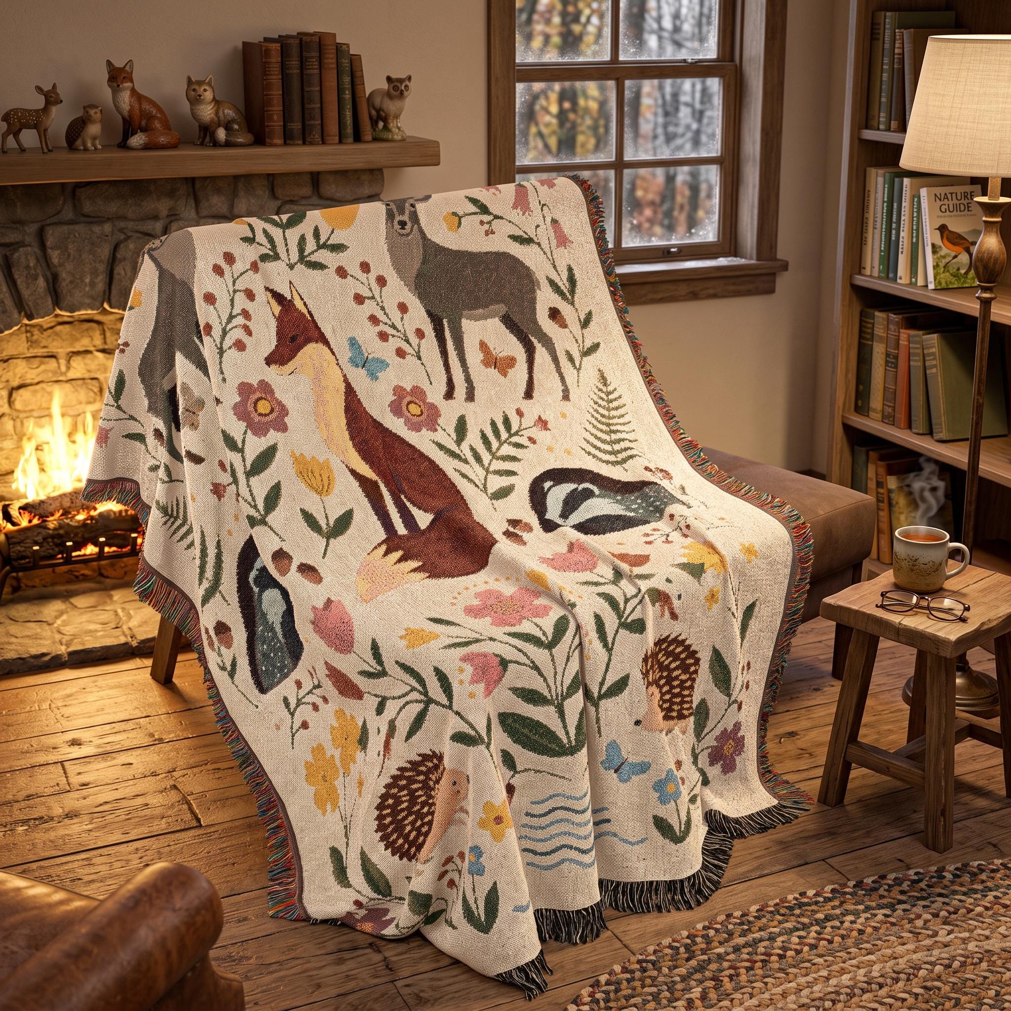 Woodland Animals Woven Blanket, Customizable Cottagecore Fox Throw, Folk Art Deer Badger Hedgehog Blanket, Nature Nursery, Rustic Throw