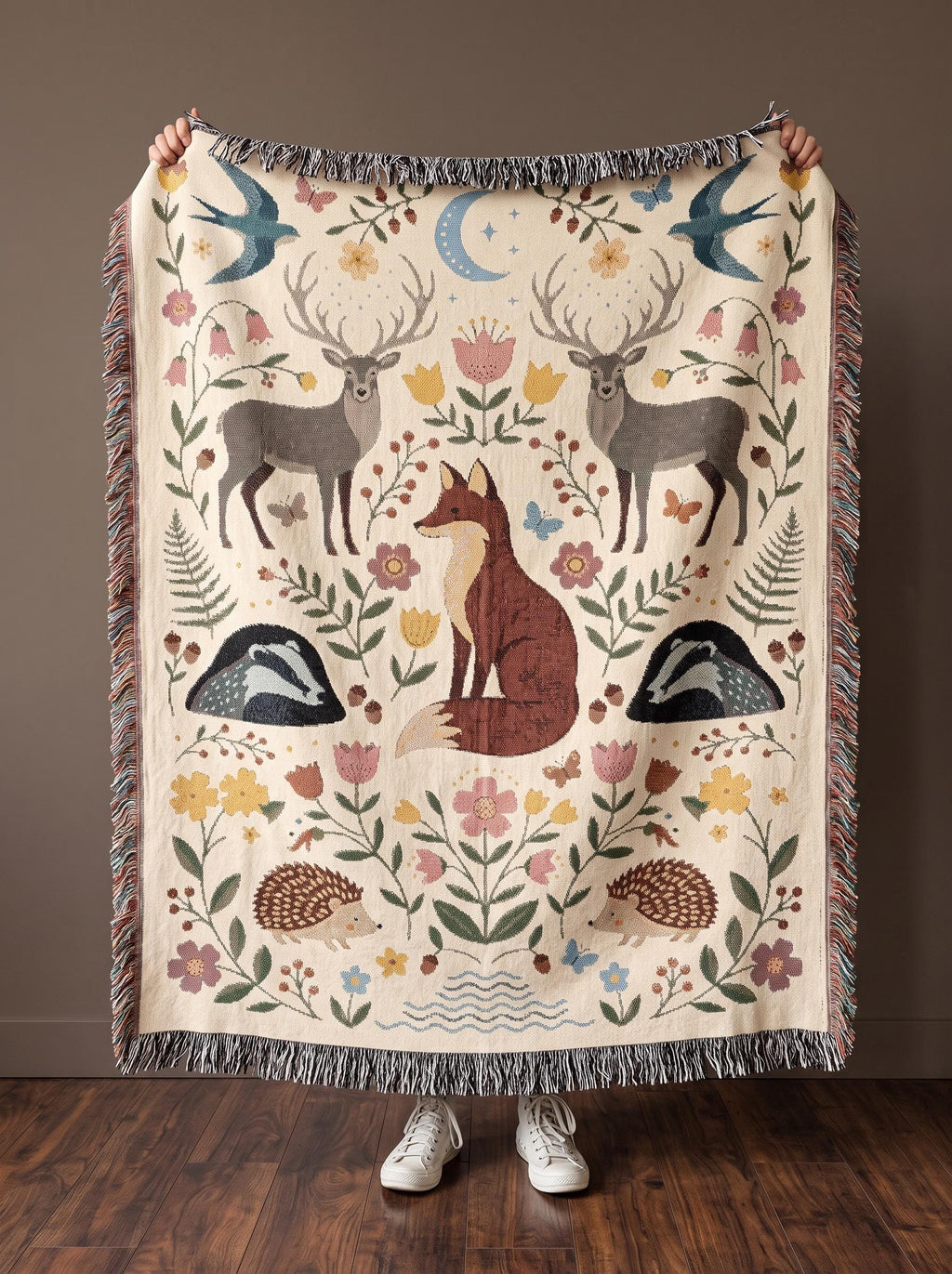 Woodland Animals Woven Blanket, Customizable Cottagecore Fox Throw, Folk Art Deer Badger Hedgehog Blanket, Nature Nursery, Rustic Throw
